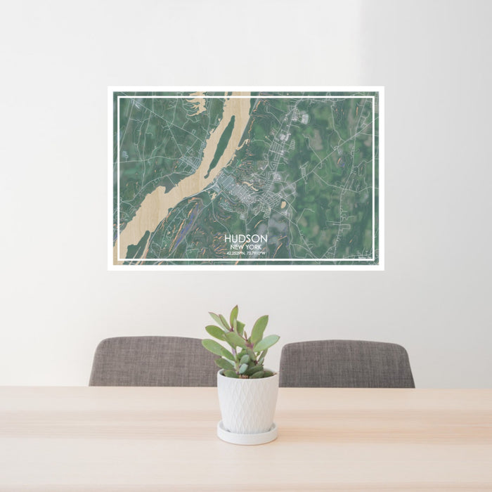 24x36 Hudson New York Map Print Lanscape Orientation in Afternoon Style Behind 2 Chairs Table and Potted Plant