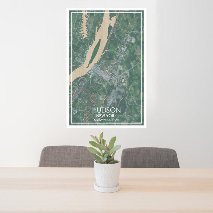 24x36 Hudson New York Map Print Portrait Orientation in Afternoon Style Behind 2 Chairs Table and Potted Plant