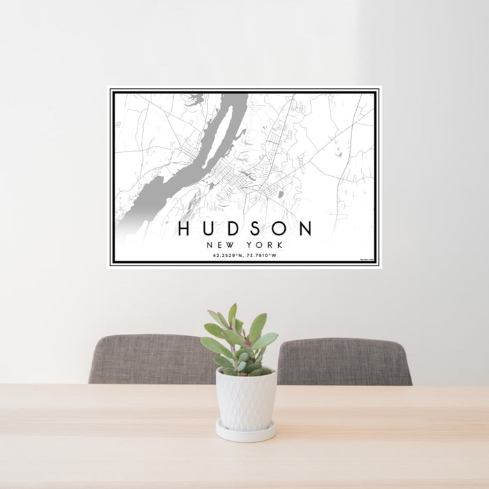 24x36 Hudson New York Map Print Lanscape Orientation in Classic Style Behind 2 Chairs Table and Potted Plant