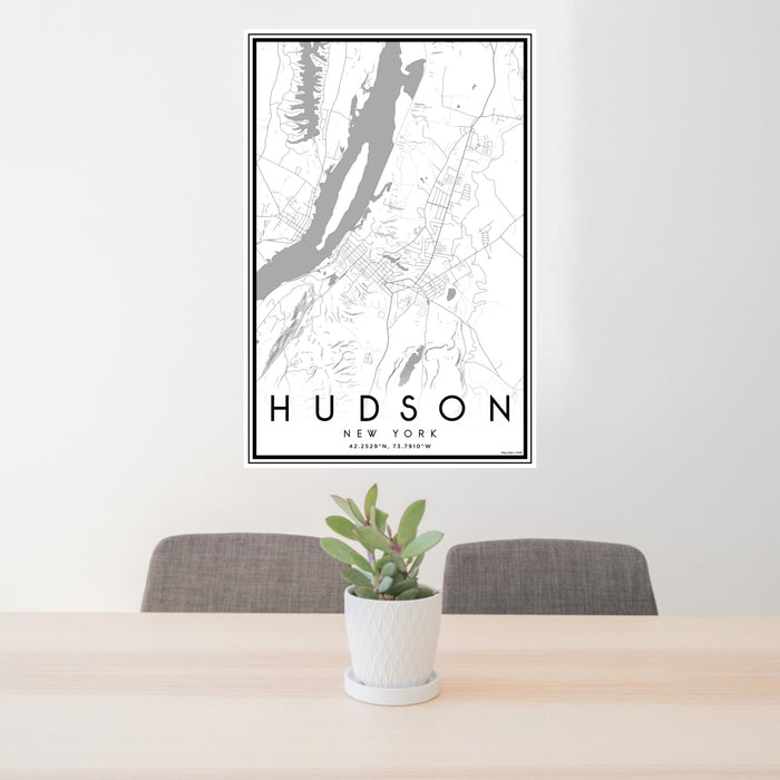 24x36 Hudson New York Map Print Portrait Orientation in Classic Style Behind 2 Chairs Table and Potted Plant