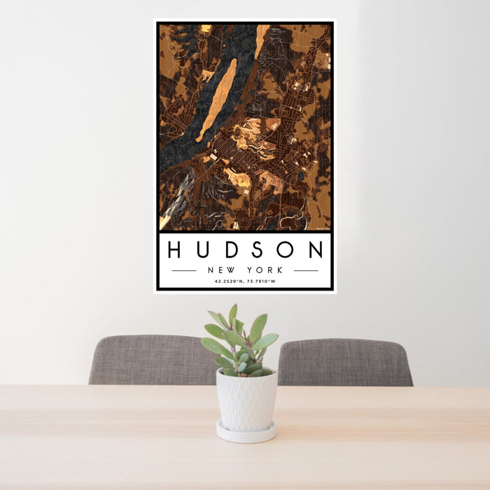 24x36 Hudson New York Map Print Portrait Orientation in Ember Style Behind 2 Chairs Table and Potted Plant