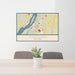 24x36 Hudson New York Map Print Lanscape Orientation in Woodblock Style Behind 2 Chairs Table and Potted Plant