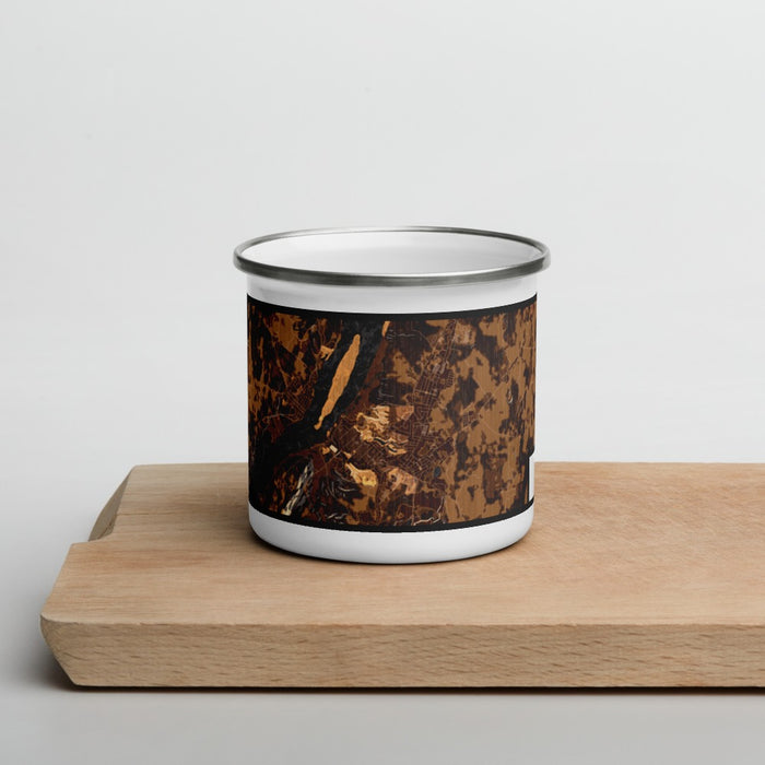 Front View Custom Hudson New York Map Enamel Mug in Ember on Cutting Board