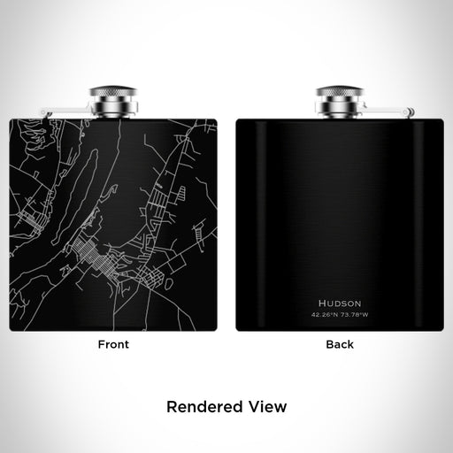 Rendered View of Hudson New York Map Engraving on 6oz Stainless Steel Flask in Black