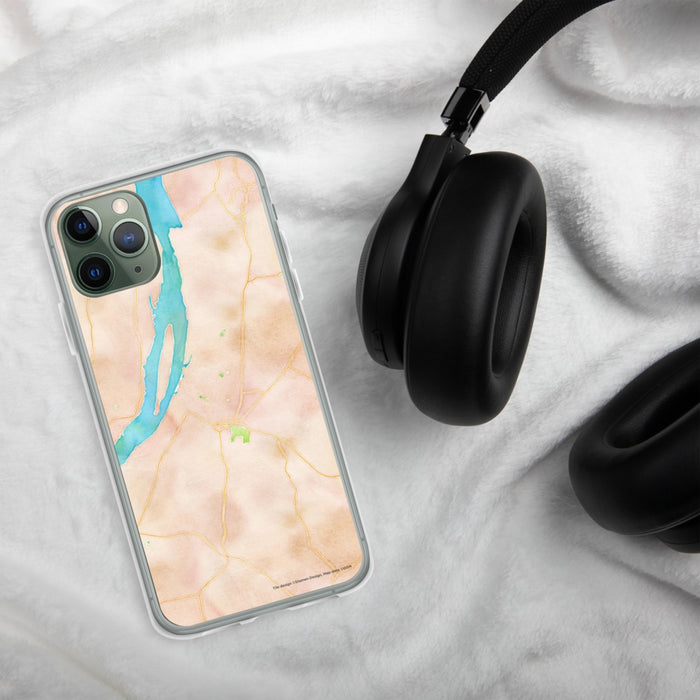 Custom Hudson New York Map Phone Case in Watercolor on Table with Black Headphones