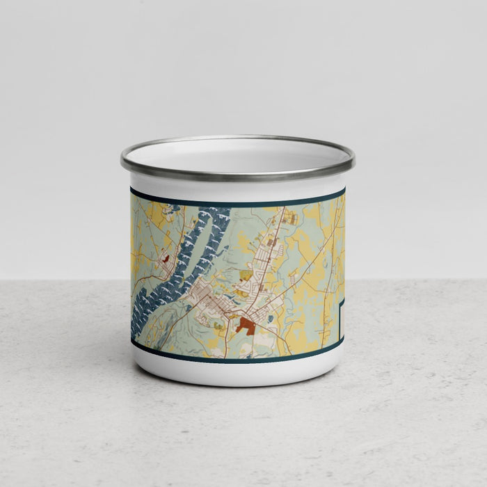 Front View Custom Hudson New York Map Enamel Mug in Woodblock