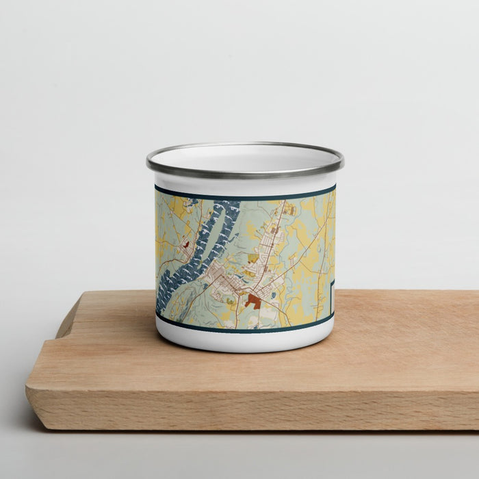 Front View Custom Hudson New York Map Enamel Mug in Woodblock on Cutting Board