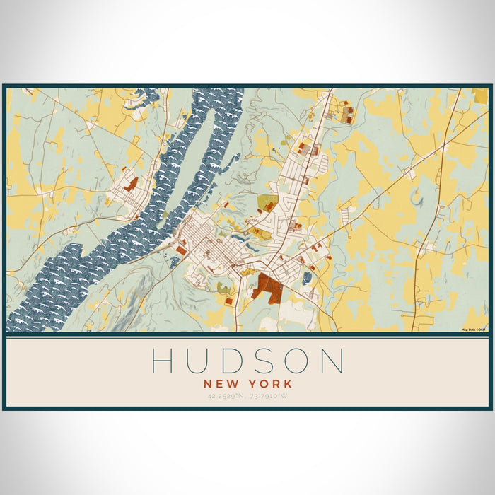 Hudson New York Map Print Landscape Orientation in Woodblock Style With Shaded Background