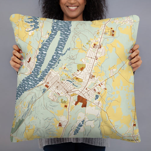 Person holding 22x22 Custom Hudson New York Map Throw Pillow in Woodblock
