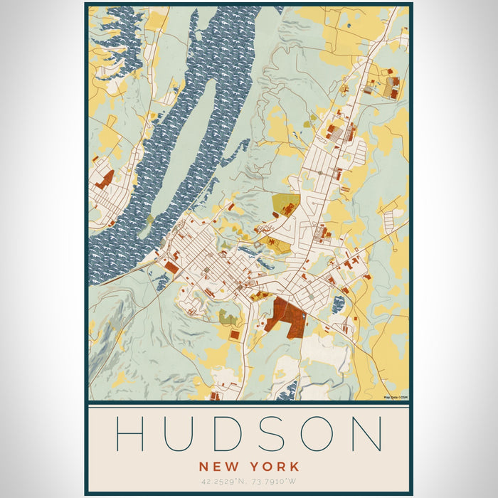 Hudson New York Map Print Portrait Orientation in Woodblock Style With Shaded Background