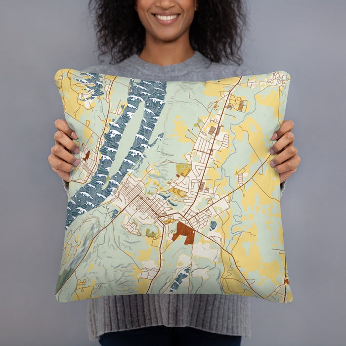 Person holding 18x18 Custom Hudson New York Map Throw Pillow in Woodblock