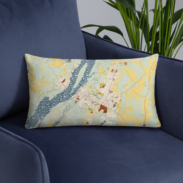 Custom Hudson New York Map Throw Pillow in Woodblock on Blue Colored Chair