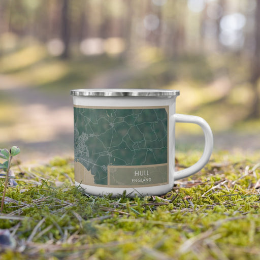 Right View Custom Hull England Map Enamel Mug in Afternoon on Grass With Trees in Background