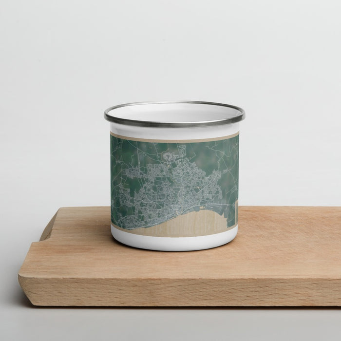 Front View Custom Hull England Map Enamel Mug in Afternoon on Cutting Board