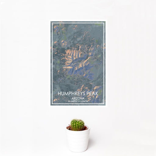12x18 Humphreys Peak Arizona Map Print Portrait Orientation in Afternoon Style With Small Cactus Plant in White Planter