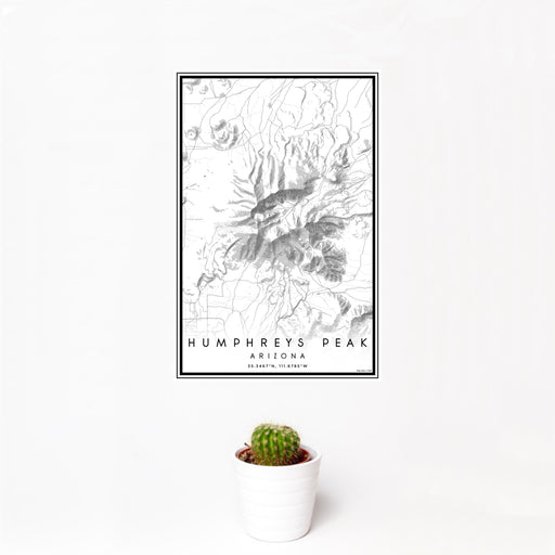 12x18 Humphreys Peak Arizona Map Print Portrait Orientation in Classic Style With Small Cactus Plant in White Planter
