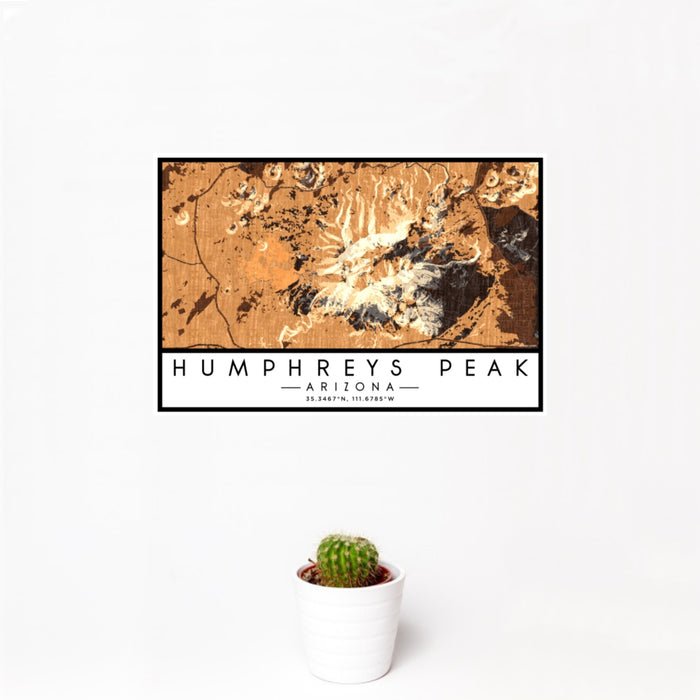 12x18 Humphreys Peak Arizona Map Print Landscape Orientation in Ember Style With Small Cactus Plant in White Planter