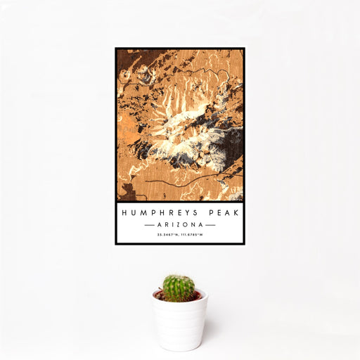 12x18 Humphreys Peak Arizona Map Print Portrait Orientation in Ember Style With Small Cactus Plant in White Planter