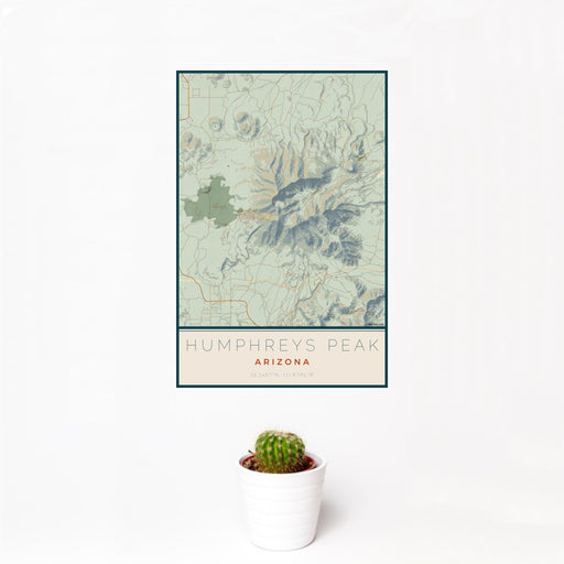 12x18 Humphreys Peak Arizona Map Print Portrait Orientation in Woodblock Style With Small Cactus Plant in White Planter