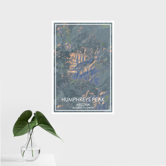 16x24 Humphreys Peak Arizona Map Print Portrait Orientation in Afternoon Style With Tropical Plant Leaves in Water