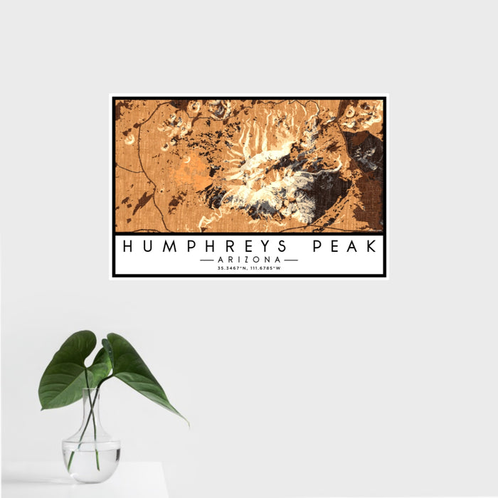 16x24 Humphreys Peak Arizona Map Print Landscape Orientation in Ember Style With Tropical Plant Leaves in Water