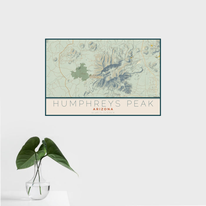 16x24 Humphreys Peak Arizona Map Print Landscape Orientation in Woodblock Style With Tropical Plant Leaves in Water