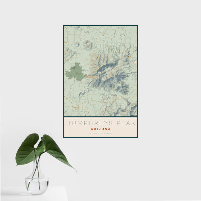 16x24 Humphreys Peak Arizona Map Print Portrait Orientation in Woodblock Style With Tropical Plant Leaves in Water