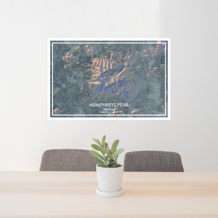 24x36 Humphreys Peak Arizona Map Print Lanscape Orientation in Afternoon Style Behind 2 Chairs Table and Potted Plant