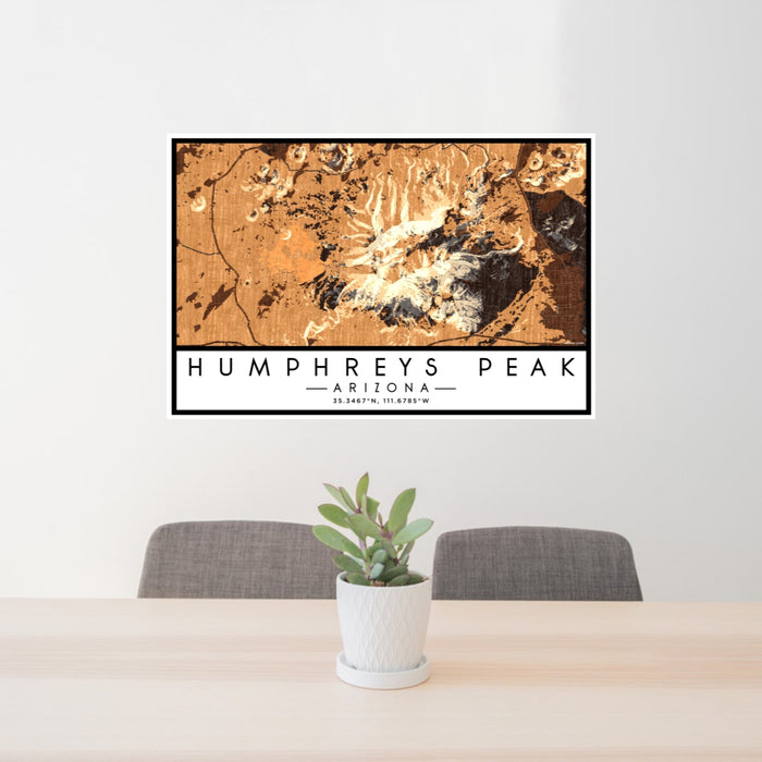 24x36 Humphreys Peak Arizona Map Print Lanscape Orientation in Ember Style Behind 2 Chairs Table and Potted Plant