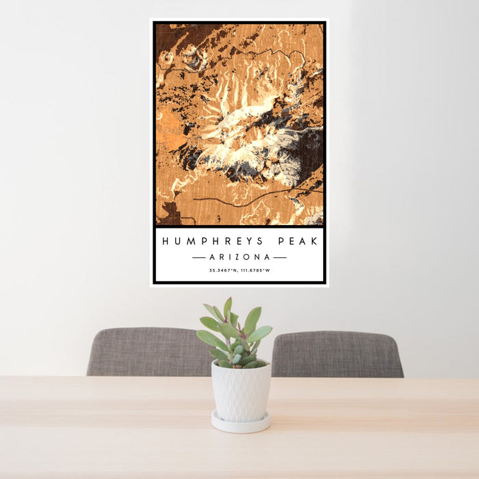 24x36 Humphreys Peak Arizona Map Print Portrait Orientation in Ember Style Behind 2 Chairs Table and Potted Plant