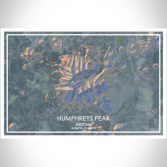 Humphreys Peak Arizona Map Print Landscape Orientation in Afternoon Style With Shaded Background