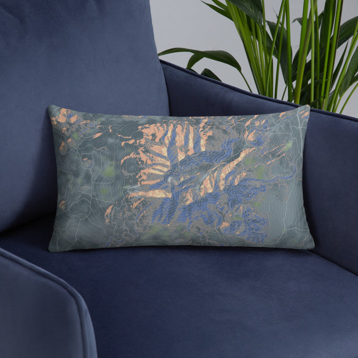 Custom Humphreys Peak Arizona Map Throw Pillow in Afternoon on Blue Colored Chair