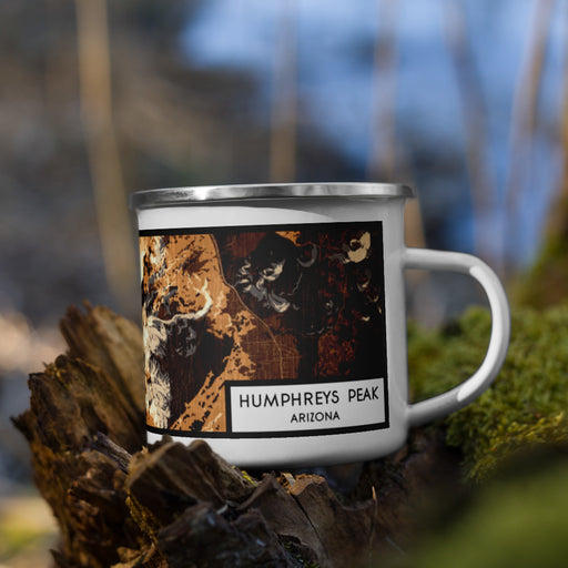 Right View Custom Humphreys Peak Arizona Map Enamel Mug in Ember on Grass With Trees in Background