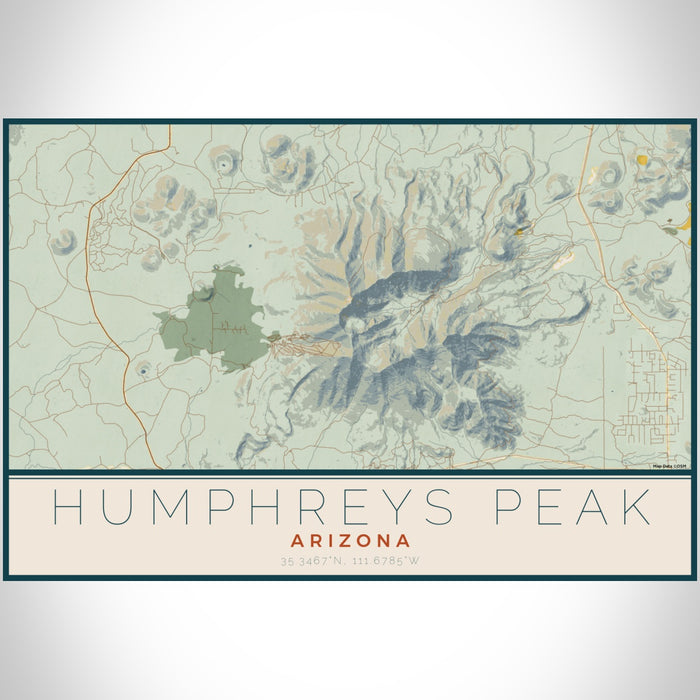 Humphreys Peak Arizona Map Print Landscape Orientation in Woodblock Style With Shaded Background