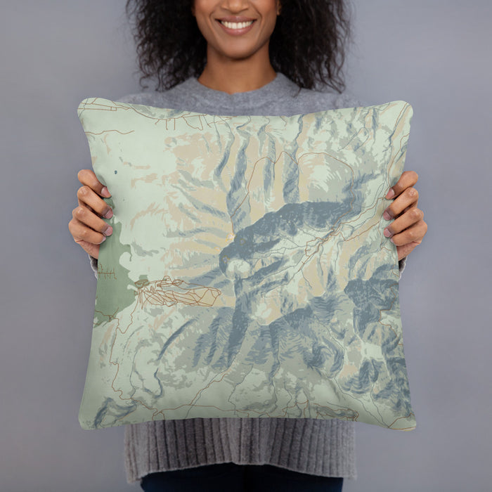 Person holding 18x18 Custom Humphreys Peak Arizona Map Throw Pillow in Woodblock