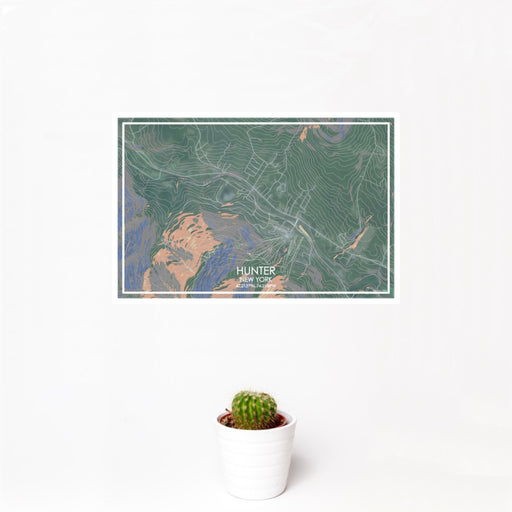 12x18 Hunter New York Map Print Landscape Orientation in Afternoon Style With Small Cactus Plant in White Planter