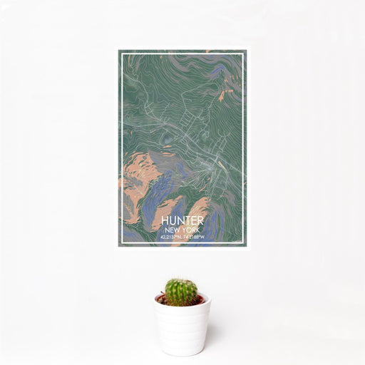 12x18 Hunter New York Map Print Portrait Orientation in Afternoon Style With Small Cactus Plant in White Planter