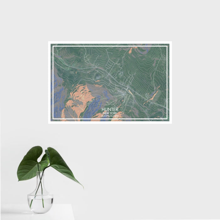 16x24 Hunter New York Map Print Landscape Orientation in Afternoon Style With Tropical Plant Leaves in Water