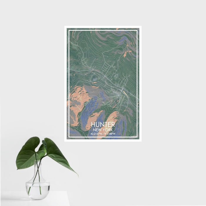 16x24 Hunter New York Map Print Portrait Orientation in Afternoon Style With Tropical Plant Leaves in Water