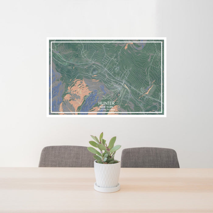 24x36 Hunter New York Map Print Lanscape Orientation in Afternoon Style Behind 2 Chairs Table and Potted Plant