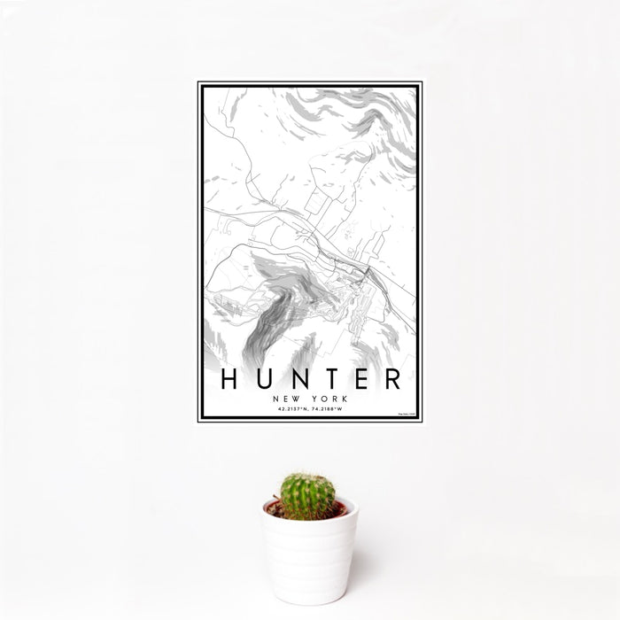 12x18 Hunter New York Map Print Portrait Orientation in Classic Style With Small Cactus Plant in White Planter