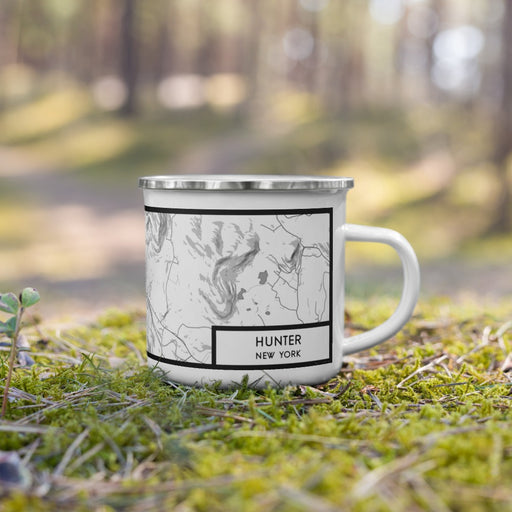 Right View Custom Hunter New York Map Enamel Mug in Classic on Grass With Trees in Background