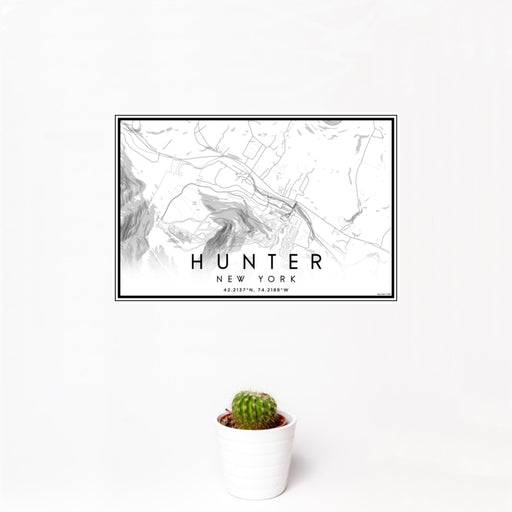12x18 Hunter New York Map Print Landscape Orientation in Classic Style With Small Cactus Plant in White Planter