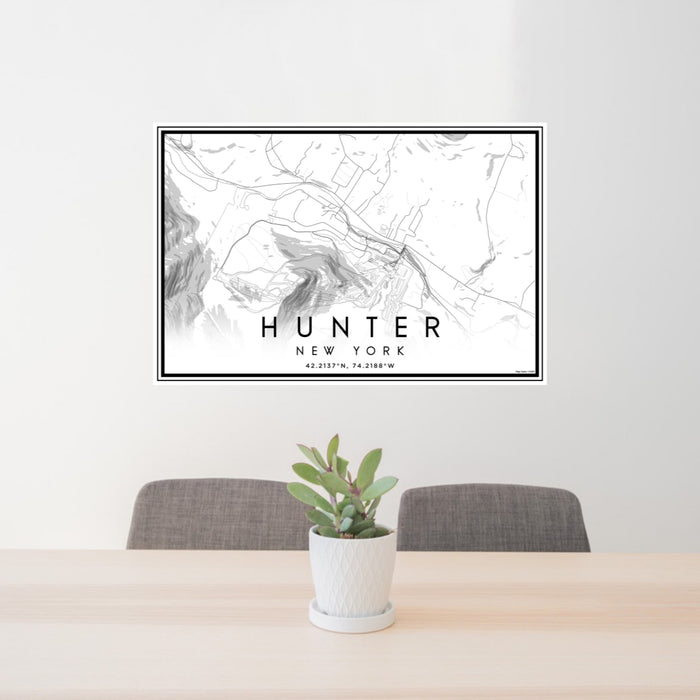 24x36 Hunter New York Map Print Landscape Orientation in Classic Style Behind 2 Chairs Table and Potted Plant
