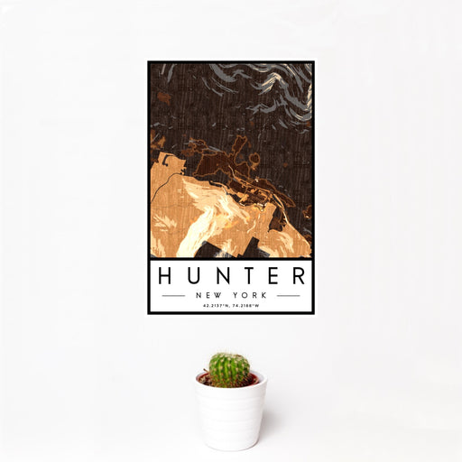 12x18 Hunter New York Map Print Portrait Orientation in Ember Style With Small Cactus Plant in White Planter