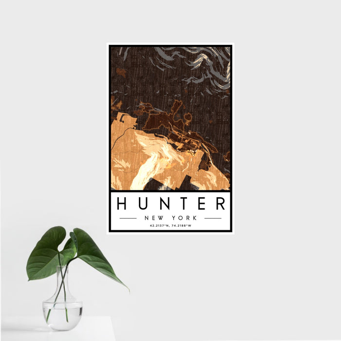 16x24 Hunter New York Map Print Portrait Orientation in Ember Style With Tropical Plant Leaves in Water