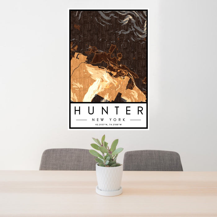24x36 Hunter New York Map Print Portrait Orientation in Ember Style Behind 2 Chairs Table and Potted Plant