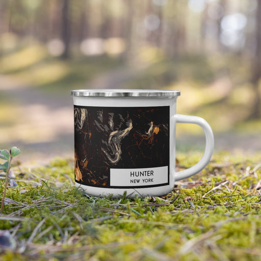 Right View Custom Hunter New York Map Enamel Mug in Ember on Grass With Trees in Background