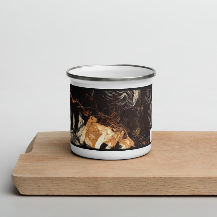 Front View Custom Hunter New York Map Enamel Mug in Ember on Cutting Board