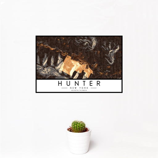 12x18 Hunter New York Map Print Landscape Orientation in Ember Style With Small Cactus Plant in White Planter